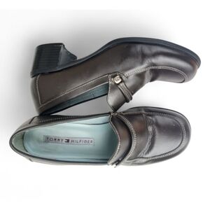 Vintage Tommy Hilfiger Brown Leather stacked block Heeled Loafers Square Toe 8.5